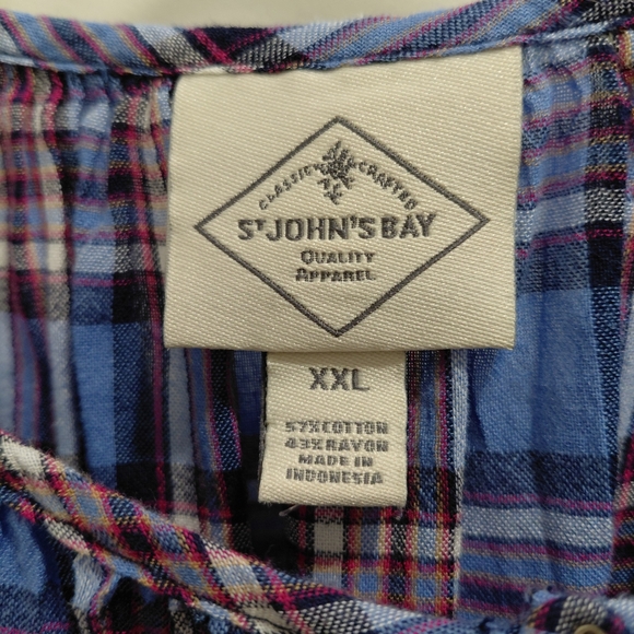 St. John's Bay Blue Plaid Blouse Sz XXL Button Down, Balloon Sleeves - Picture 2 of 5